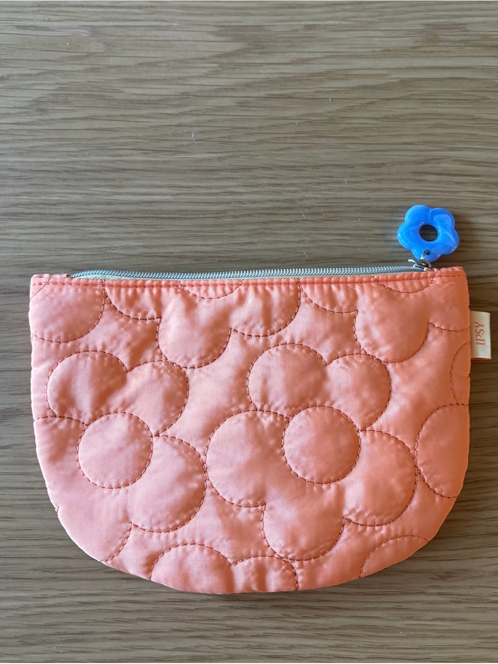 ipsy Coral Quilted Floral Zip Cosmetic Pouch with Blue Flower Pull